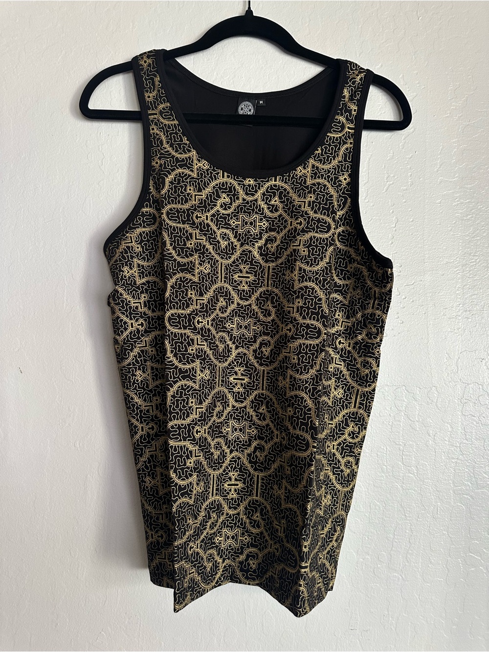 Sleeveless Black and Gold Patterned Women's Dress